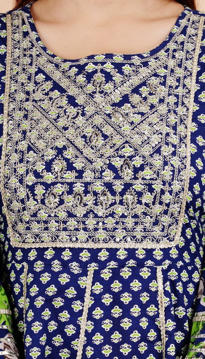 Blue Embroidery Hand Block Print Sharara Set