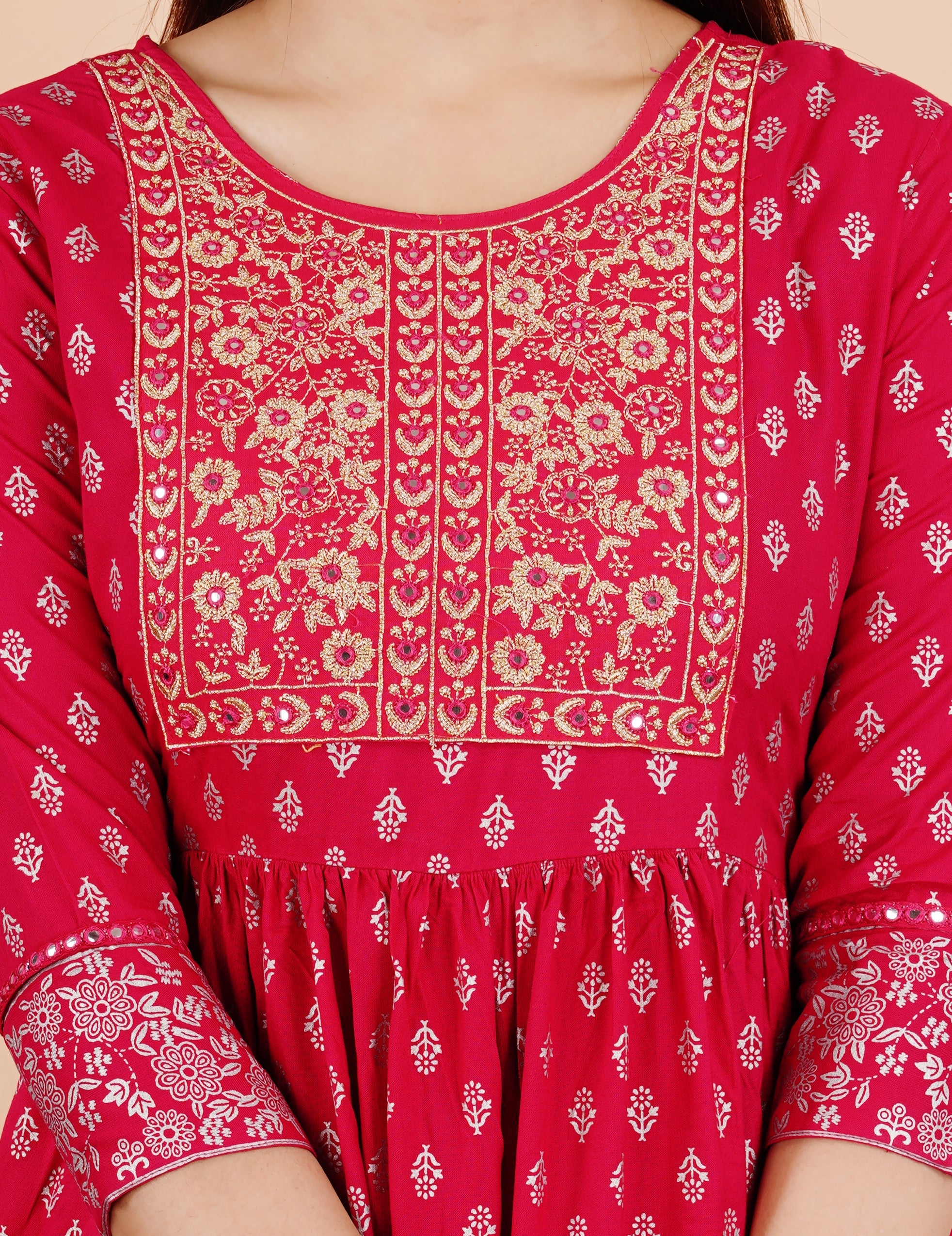 Red Embroidery Hand Block Print Sharara Set